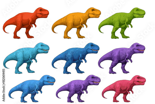 Seamless pattern of brightly colored Tyrannosaurus Rex dinosaurs on white background