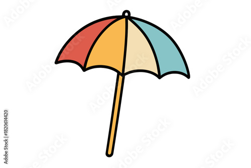 Vibrant multicolored sun umbrella providing shade on a sunny beach during summer vacation