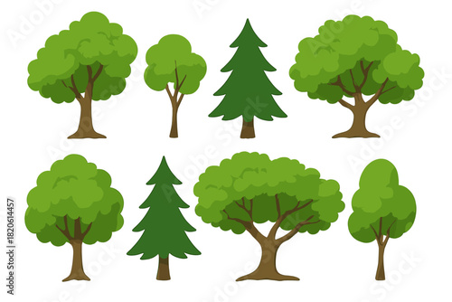 Collection of stylized deciduous and evergreen trees with lush green foliage and brown trunks