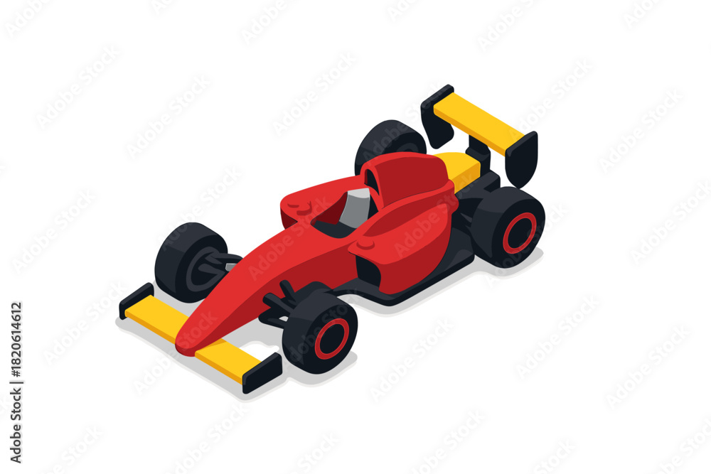 Fototapeta premium High-speed open-wheel formula racing car with red body and yellow aerodynamic wings in isometric view