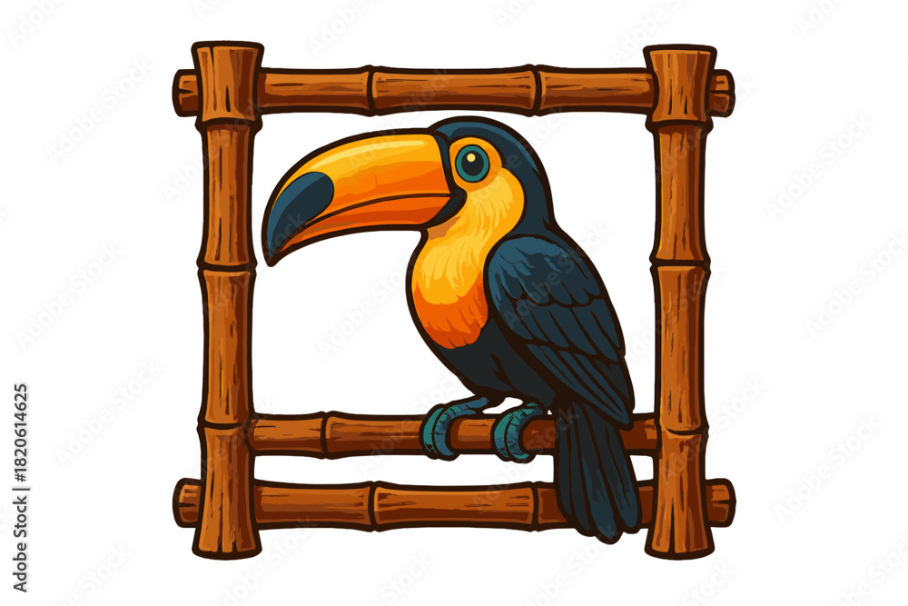 Naklejka premium Vibrant tropical toucan bird perched on a natural bamboo wood border frame