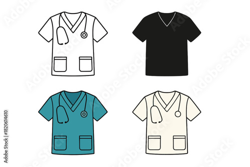 Medical scrub tops and stethoscopes in various colors and outline styles