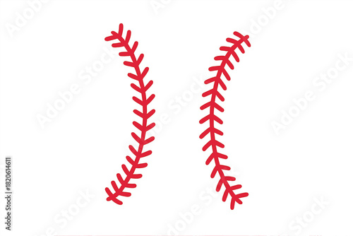 Detailed red baseball stitching laces graphic element isolated on white background