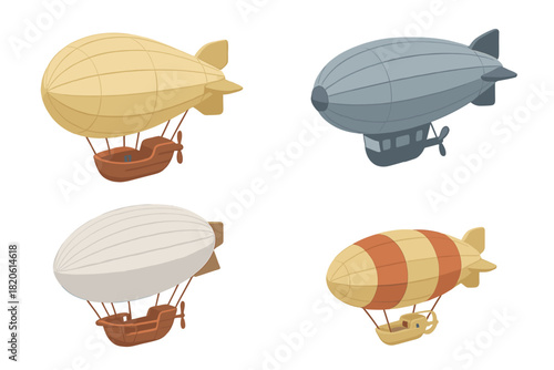 Set of cartoon blimps and airships with varied colors and unique gondola designs