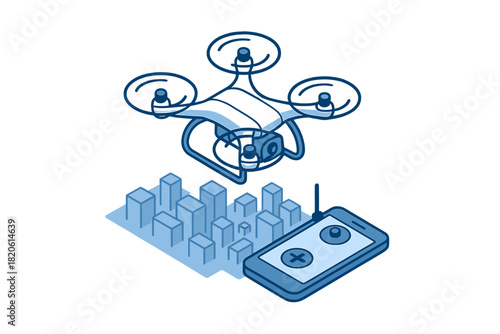 Aerial surveillance drone hovering over a stylized city with a smartphone controller