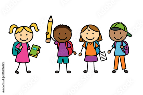 Diverse group of smiling elementary school children wearing backpacks and holding supplies