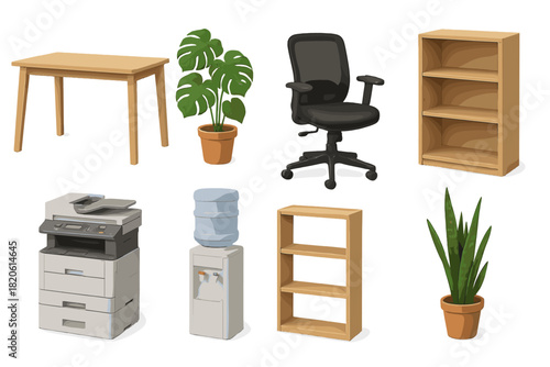 Essential furniture and equipment set including desk, chair, copier, water cooler, and indoor plants