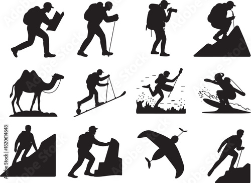 Silhouettes of outdoor activities hiking camping winter sport and adventure vector set