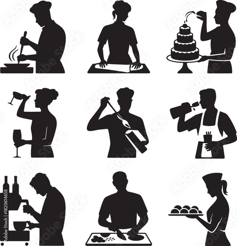 Silhouettes of people cooking and serving food activities occupation concept vector