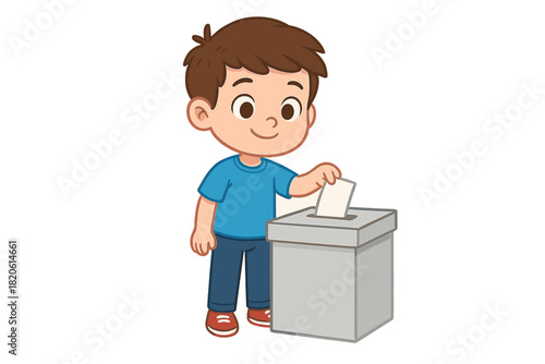 Happy child participating in a democratic process by dropping a ballot into the election box