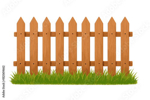 Classic brown wooden picket fence panel with pointed posts standing above a strip of lush green grass