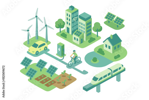 Isometric smart city with renewable energy and sustainable transportation