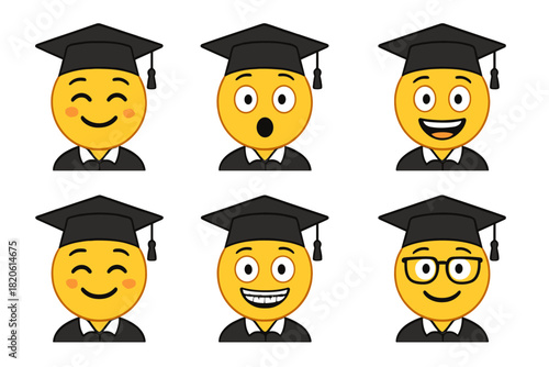 Six yellow emoji characters wearing graduation caps and robes celebrating academic success