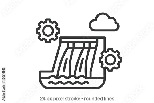 Hydroelectric dam structure with water flow and gears symbolizing renewable energy