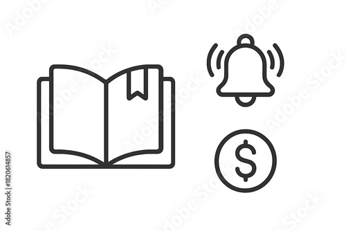 Open book, ringing notification bell, and dollar currency coin symbol icon set