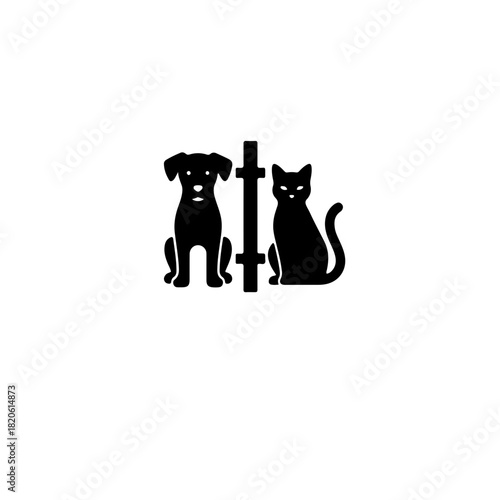 Monochrome icon of two animals separated by a fence or barrier, symbolizing animal quarantine, population control, and public safety measures