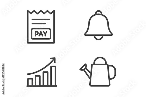Outline icons set: receipt, notification bell, rising bar chart, and watering can