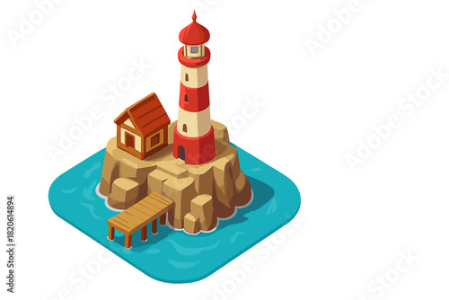 Classic striped lighthouse structure on a rocky island with a small wooden pier and house
