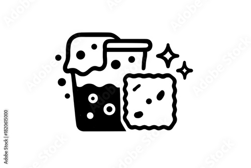 Monochrome cleaning supplies bucket filled with soapy water and scrubbing sponge