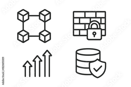 Set of technology icons: Blockchain network, firewall, growth chart, protected database