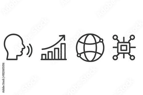 Set of four line icons representing business communication, financial growth, and global technology