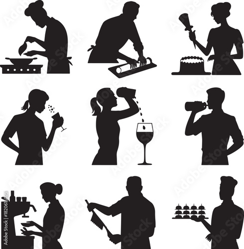 Silhouettes of people cooking drinking coffee for cafe restaurant food concept