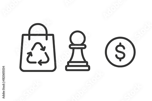 Sustainable shopping bag, strategic chess pawn, and financial dollar coin symbols
