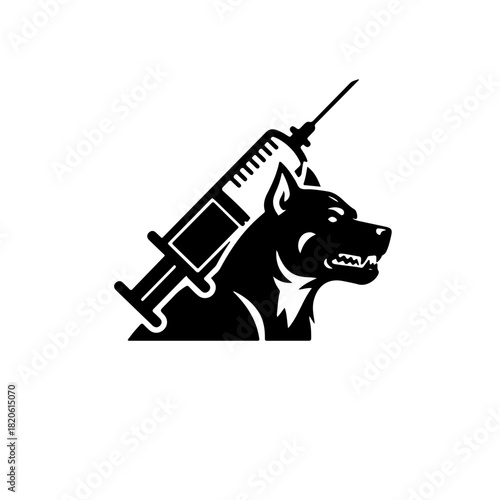 Monochrome icon of a dog silhouette protected by a syringe needle, symbolizing pet vaccination and rabies prevention