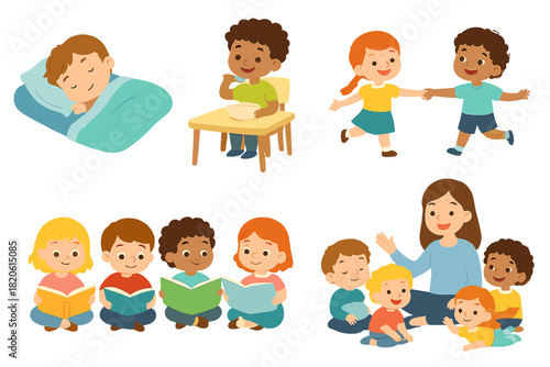 Diverse kids engaged in various preschool daily routines such as napping, having a meal, playing, and reading books
