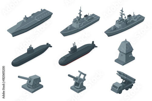 Isometric set of naval military ships, submarines, defense structures, and artillery weapons