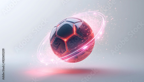 The futuristic soccer ball is encased in a glowing energy field.