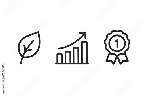 Outline symbols for sustainable development, business growth chart, and first place award