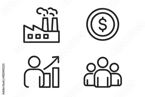 Outline icons set for business, finance, industry, and team collaboration concepts