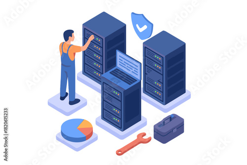 IT specialist performing maintenance on server racks in a secure data center