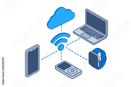 Wireless network connectivity concept showing cloud storage access via laptop, smartphone, and smartwatch