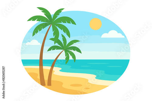 Tropical beach scene with palm trees and ocean waves in a circular frame