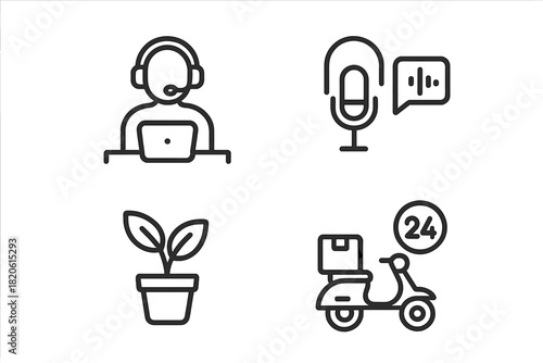 Essential business service concepts: customer support, podcasting, plant growth, and 24 hour delivery
