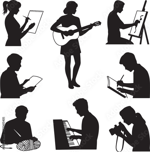 Silhouettes of people drawing writing playing guitar and working on a keyboard