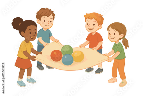 Diverse group of smiling children playing a cooperative team game with a blanket and colorful balls
