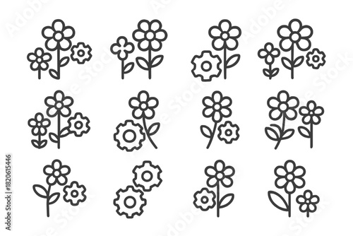 Minimalist outline icons of flowers, nature, growth, settings, and mechanical gears