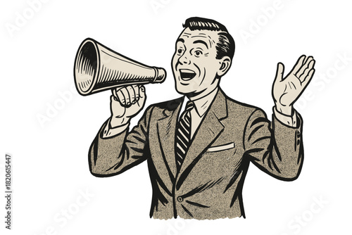 Retro style businessman shouting into a bullhorn making a loud public announcement