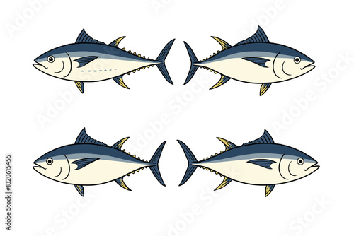 Four stylized tuna fish swimming symmetrically marine life