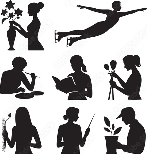 Silhouettes of people hobbies leisure activities such as reading art skating vector