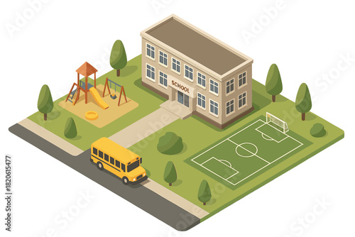 Classic school building with yellow bus, playground, and sports field on campus grounds