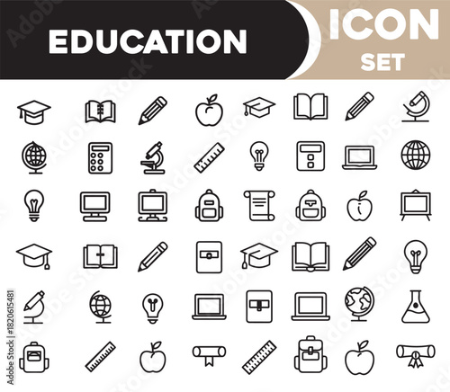 A set comprehensive set of precisely drawn linear icons representing fundamental elements of education.one line icon with with white background