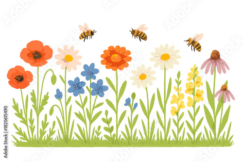Vibrant meadow border with colorful wildflowers and flying honey bees