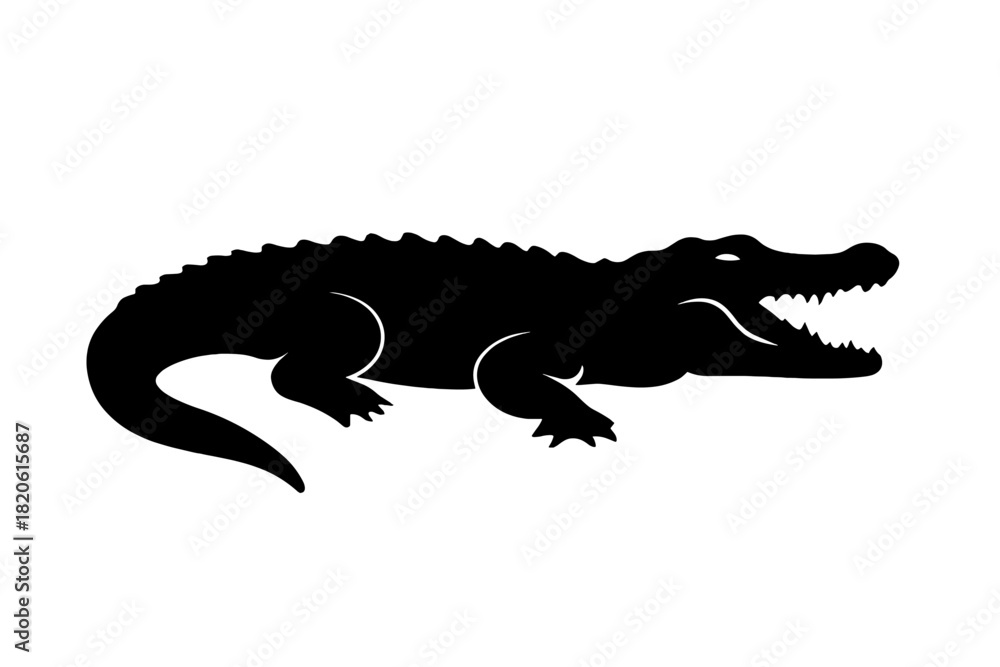Fototapeta premium Black silhouette of large alligator or crocodile with menacing open mouth and sharp teeth