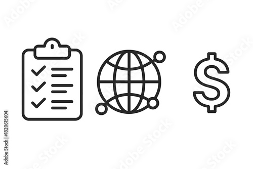 Business planning checklist, global network connection, and financial dollar sign icons