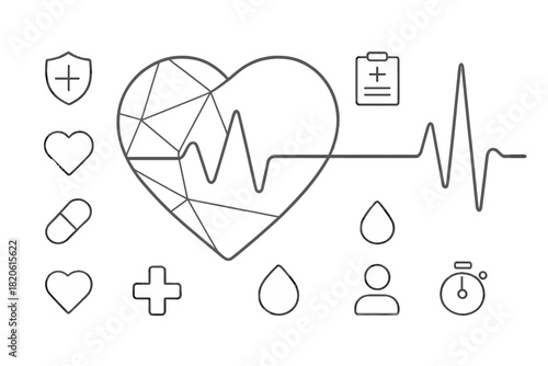 Cardiology and vital signs monitoring outline icons set for health and medical services