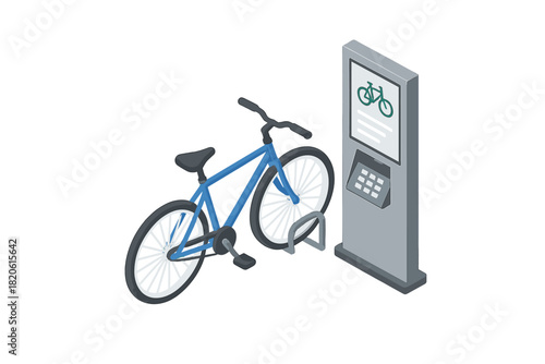 Bicycle parked at an automated bike sharing rental station kiosk terminal